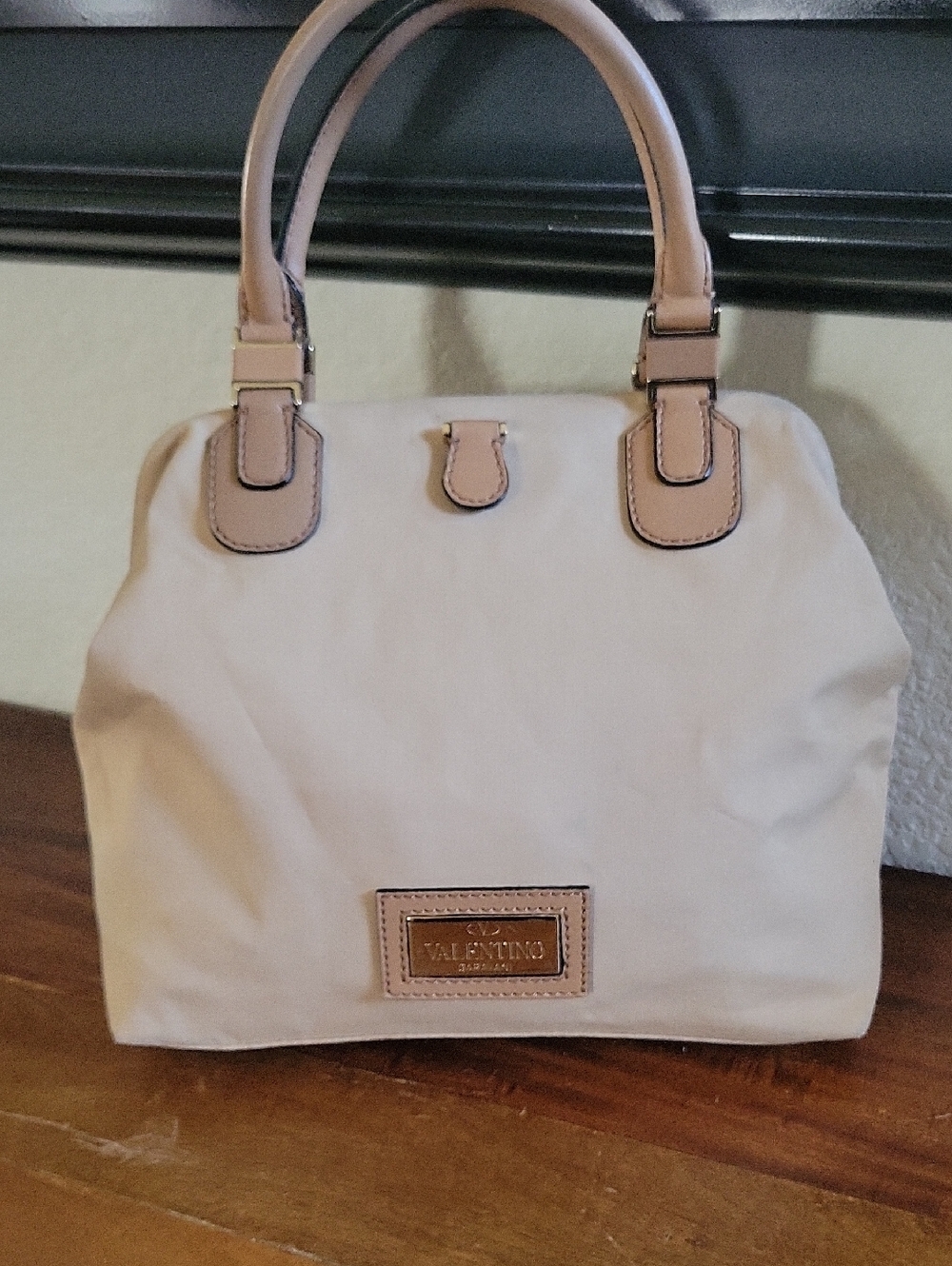 Valentino 3D Rosette Cream Canvas and Leather Satchel Handbag with Tan Trim